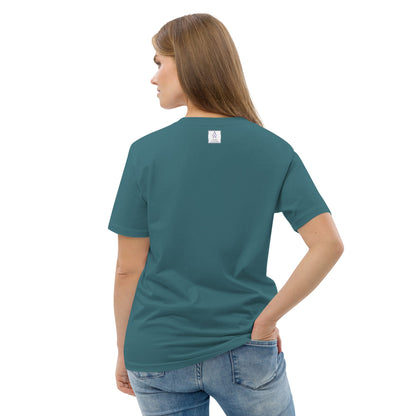 Back view of women’s organic cotton t-shirt in Stargazer Dark Blue, showcasing Anke Wonder branding under neckline.