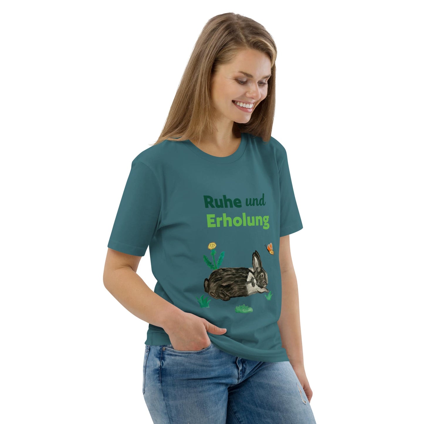 Woman wearing organic cotton t-shirt in stargazer color with "Ruhe & Erholung" rabbit design, front view, right angle.
