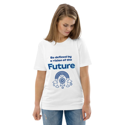 Woman wearing an organic cotton t-shirt in white with “Be defined by a vision of the Future” design featuring a rainbow, stars, and clouds.