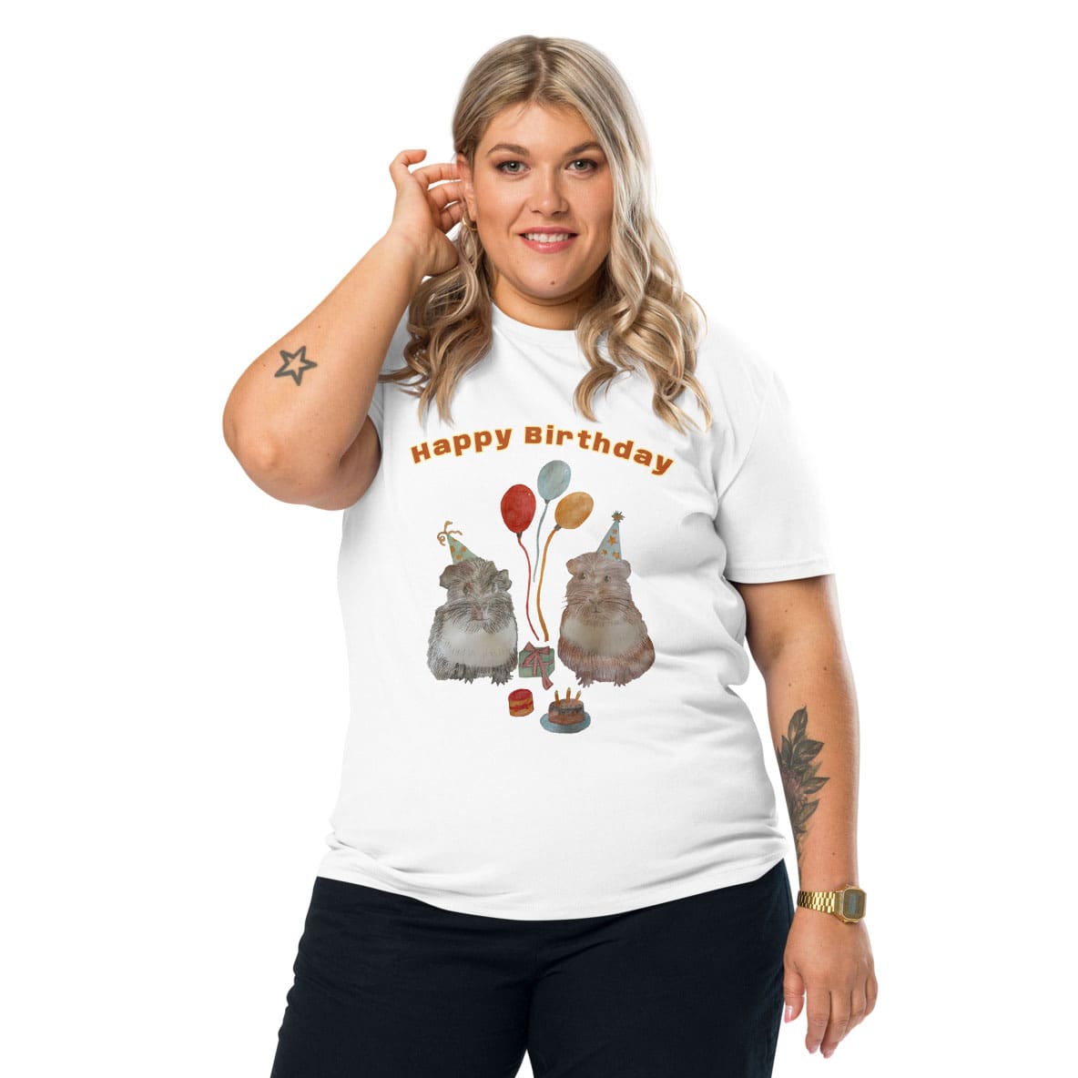 Woman wearing a white t-shirt with guinea pig drawing and 'Happy Birthday' text on a white background