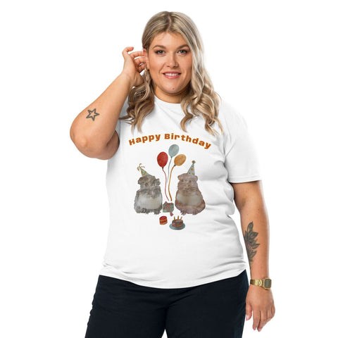 Woman wearing a white t-shirt with guinea pig drawing and 'Happy Birthday' text on a white background