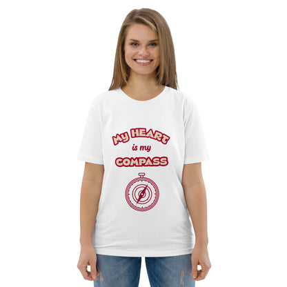 Women’s white organic cotton t-shirt with red ‘My Heart is My Compass’ design — eco-friendly spiritual quote tee for conscious living
