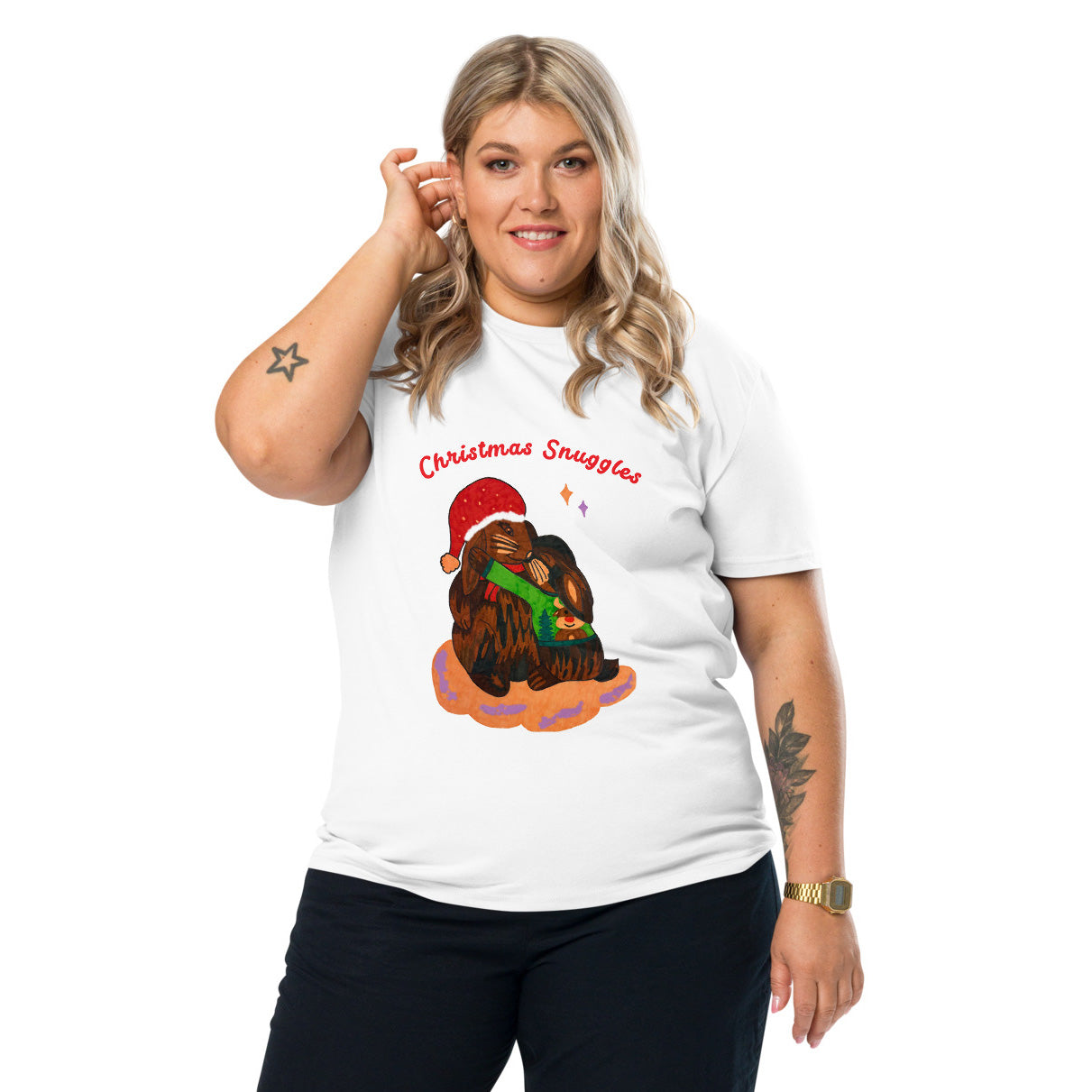 Woman wearing a white t-shirt with a Christmas-themed bunny design and the words 'Christmas Snuggles' on a white background