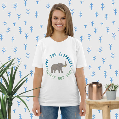 Woman wearing a white organic cotton t-shirt with hand-drawn elephant and “Save the Elephants – Protect Not Poach” design; ethical fashion front view.