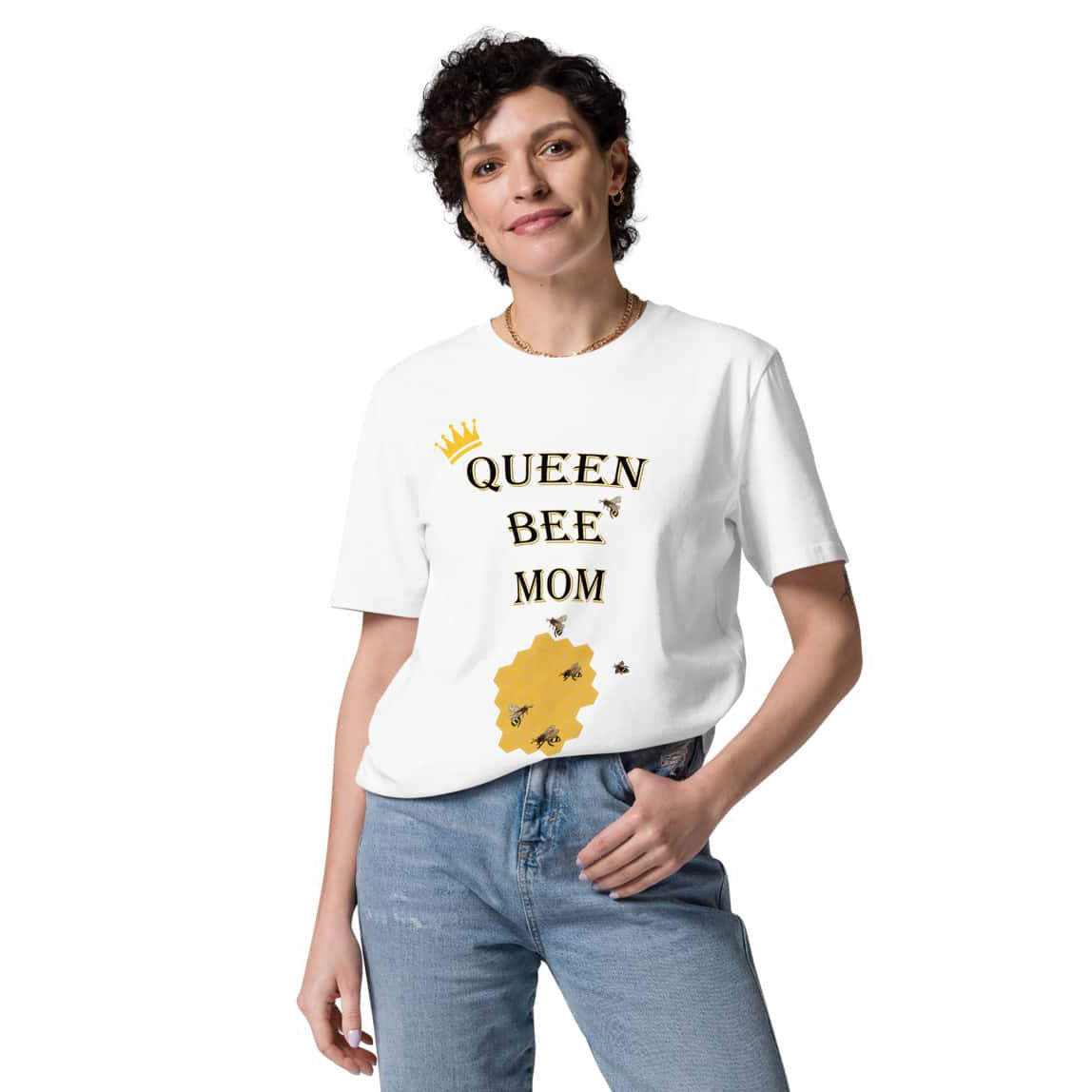 Woman wearing white Queen Bee Mom t-shirt tucked into jeans, front view, casual and stylish look.