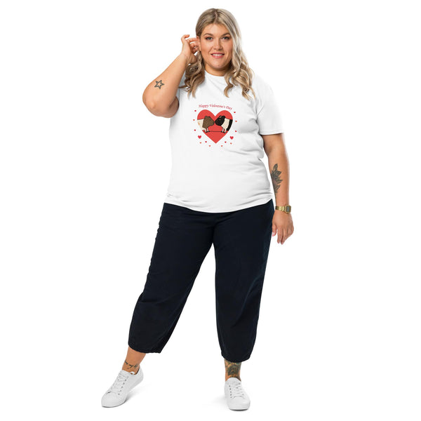 A woman wearing a white organic cotton Valentine's T-shirt with a guinea pig heart print, designed by Anke Wonder.