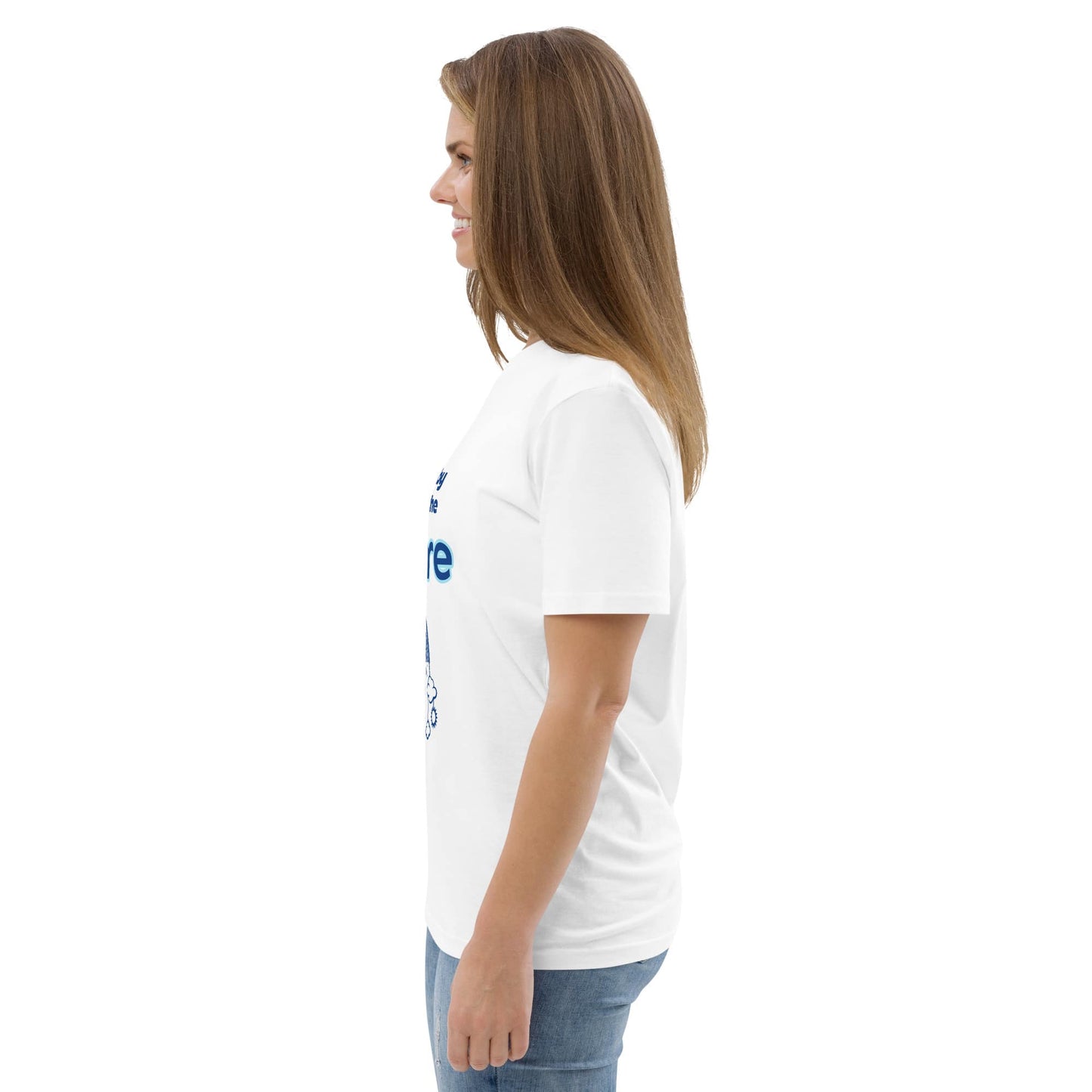 Side view of a woman in organic cotton tee 'vision of future' in white, highlighting the cut and breathable fabric.