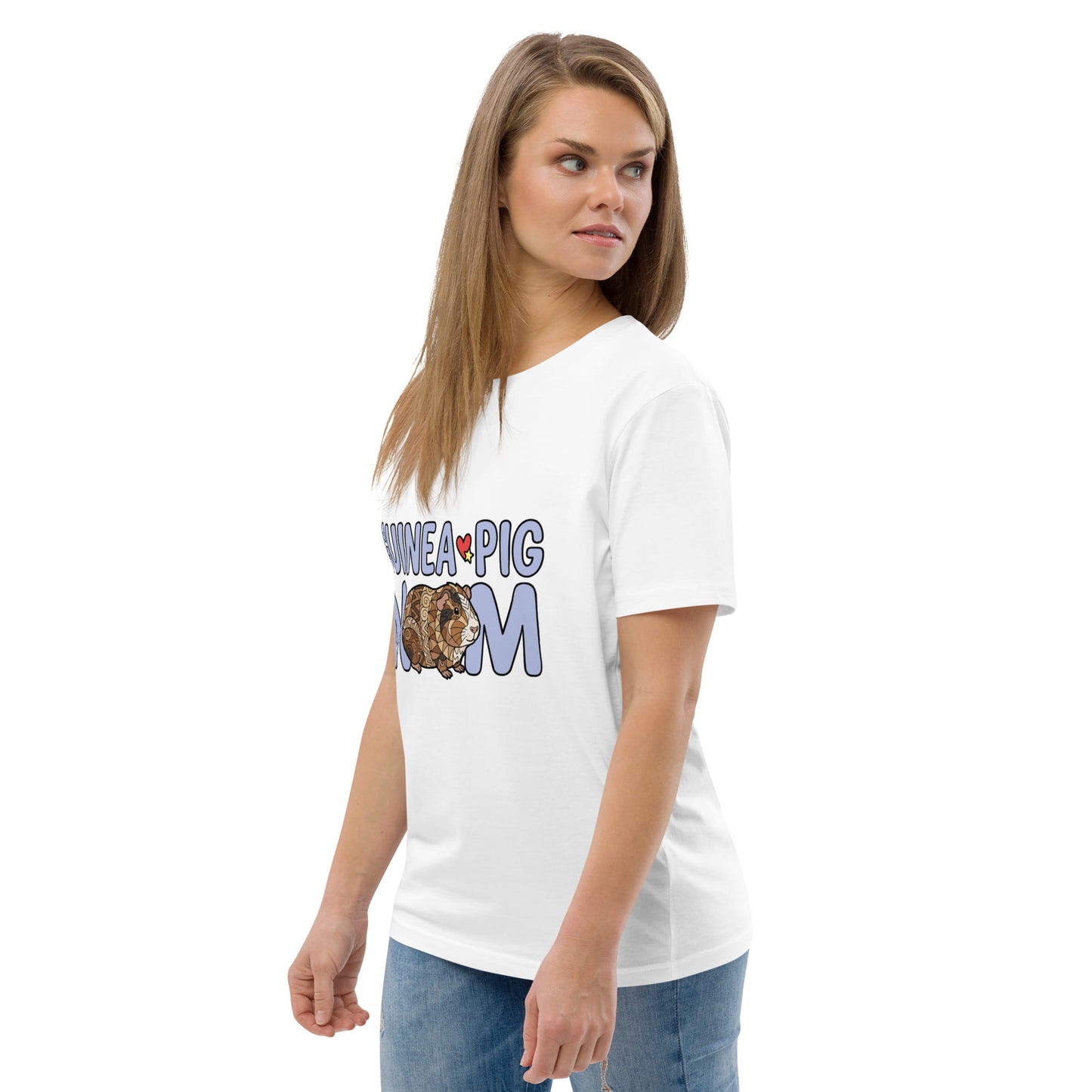 Woman wearing a white t-shirt with 'Pig Mom' text and graphic on a white background