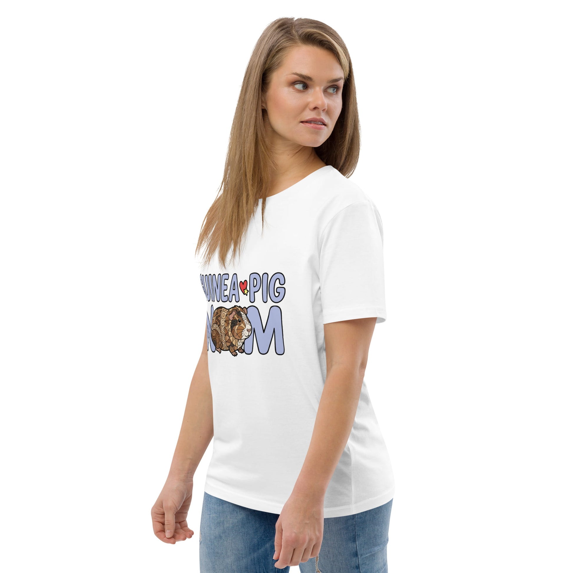 Woman wearing a white t-shirt with 'Pig Mom' text and graphic on a white background