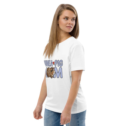 Woman wearing a white t-shirt with 'Pig Mom' text and graphic on a white background