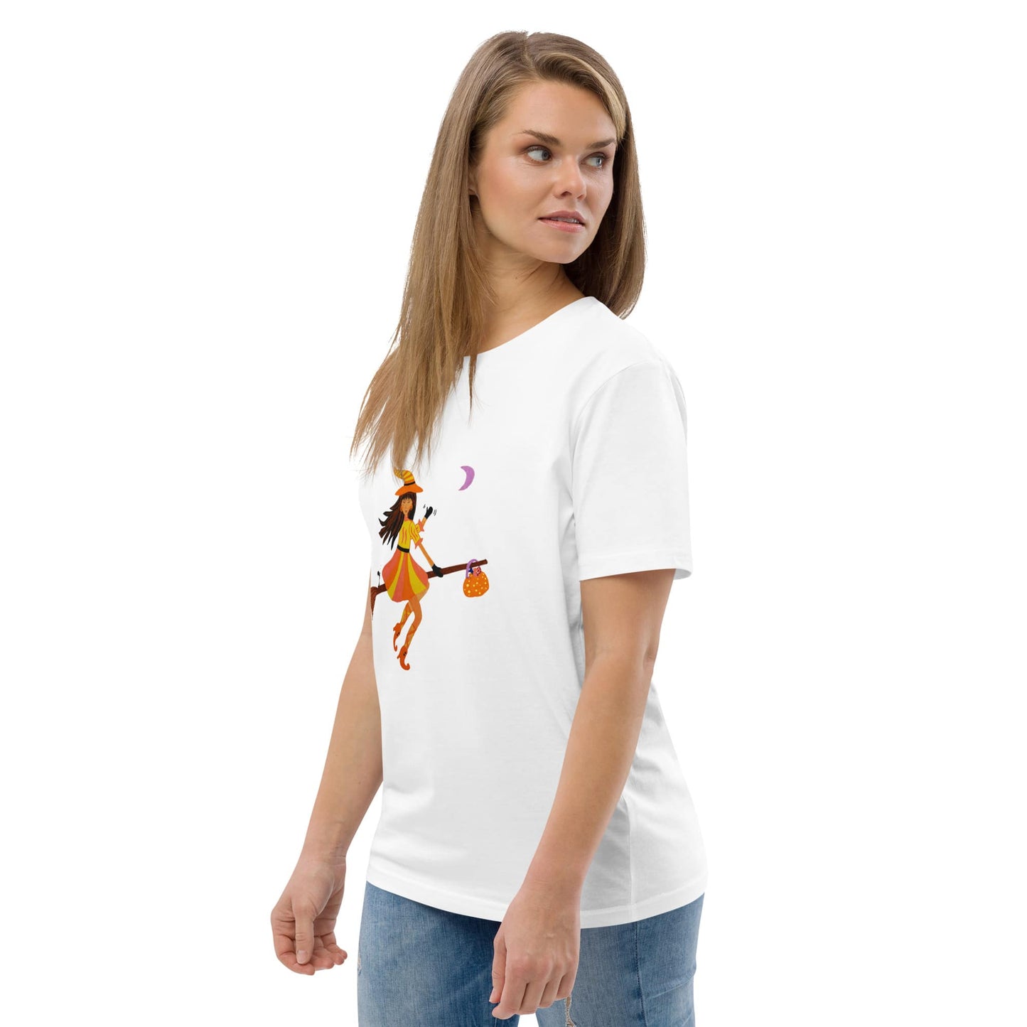 Woman wearing a white t-shirt with a Halloween Witch on Broom design on a white background