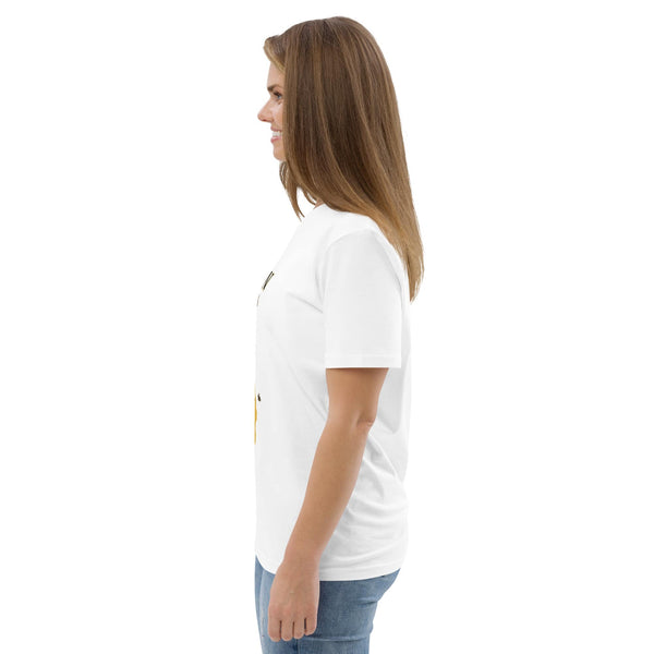 Side view of a woman wearing a white Queen Bee Mom organic cotton t-shirt, showcasing the relaxed fit and soft texture.