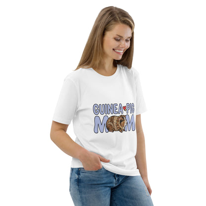 Woman wearing a white t-shirt with a guinea pig graphic and 'Guinea Pig Mom' text on a white background