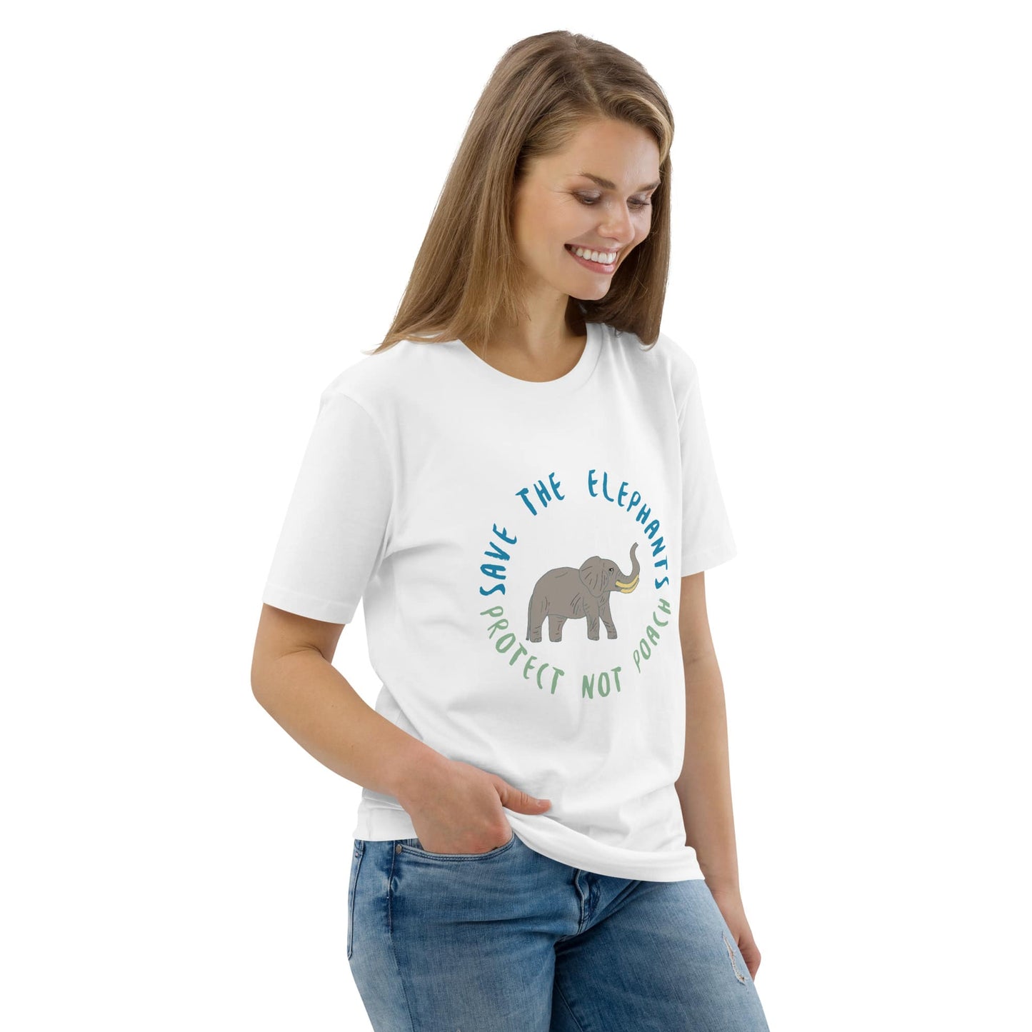 Woman wearing a white eco-conscious t-shirt with elephant print and “Save the Elephants – Protect Not Poach” text; angled front view.