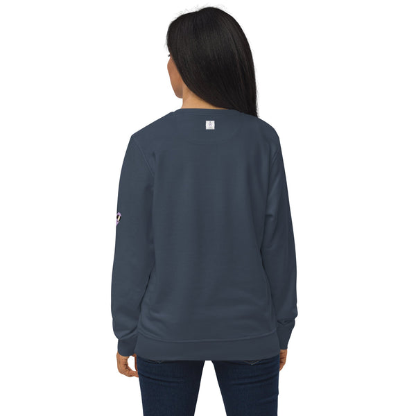 Model wearing a navy sweatshirt, displaying the Anke Wonder logo on the upper back.