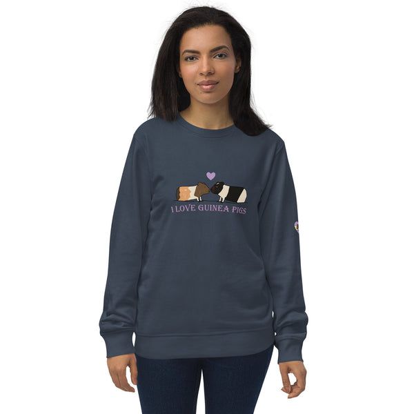 Model wearing a navy "I Love Guinea Pigs" sweatshirt, featuring the cute guinea pig design on the front.