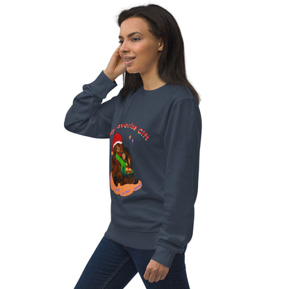 Side view of a woman wearing a dark blue christmas sweatshirt with a colorful bunny design on a white background