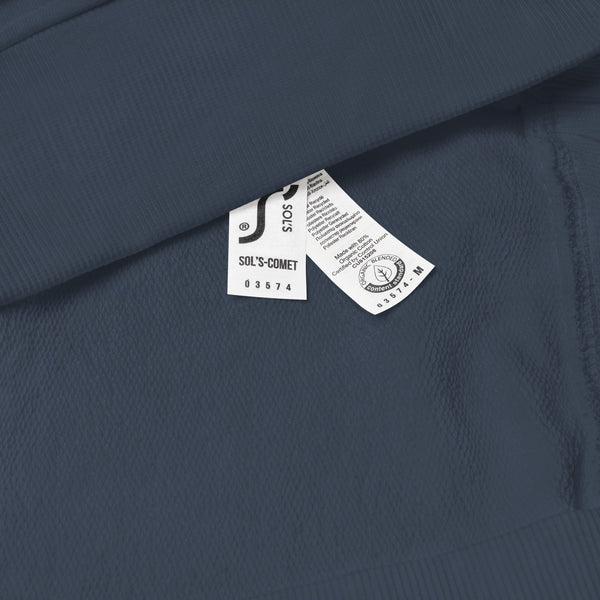 Close-up of the navy organic cotton blend sweatshirt, showcasing its soft and sustainable material.