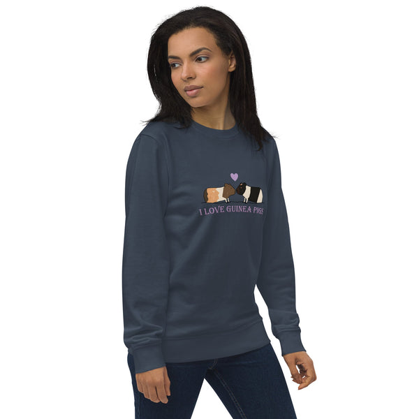 Model wearing a navy sweatshirt, showing the 'I love Guinea Pig' design from the right side.