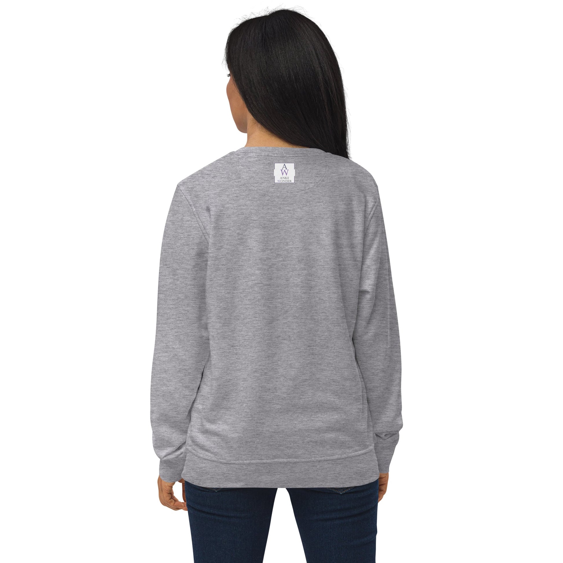 Back view of a women's organic cotton sweatshirt in grey melange, showing the Anke Wonder logo.