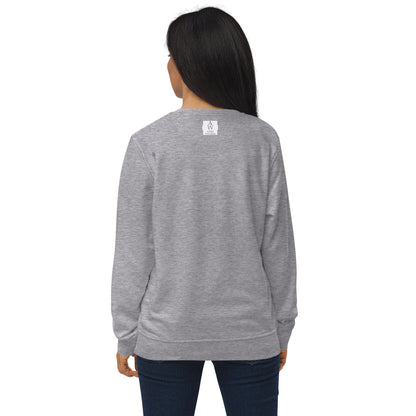 Back view of a women's organic cotton sweatshirt in grey melange, showing the Anke Wonder logo.