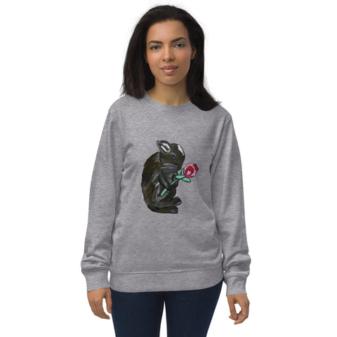 Women's grey melange sweatshirt featuring a hand-painted rabbit tenderly holding a red rose on the front, designed by Anke Wonder.