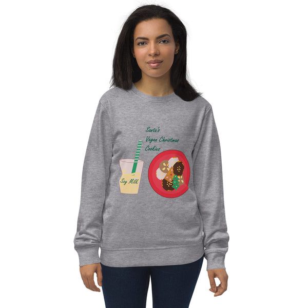 ront view of a women's organic cotton Christmas sweatshirt in grey melange featuring the "Santa's Vegan Christmas Cookies" illustration in festive colors.