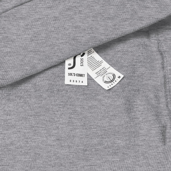 Close-up of the inside label on the women's grey melange sweatshirt, featuring care instructions, emphasizing sustainable craftsmanship.