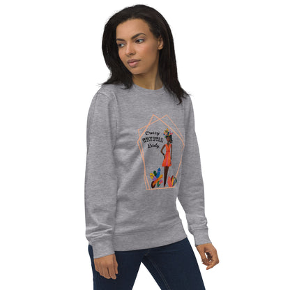 Left view of woman wearing a gray sweatshirt with a graphic design  of a black woman with the words 'Crazy Crystal Lady' on a white background