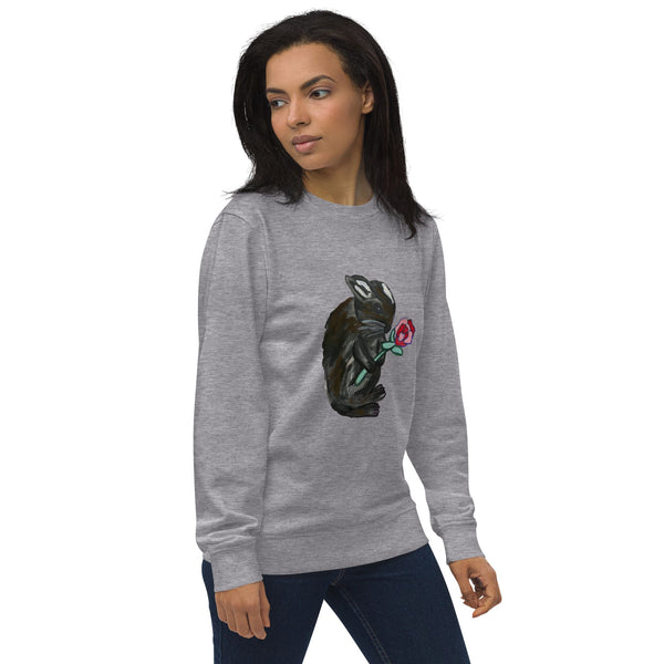 Right front view of the women's grey melange sweatshirt showcasing the hand-painted rabbit design with a blooming red rose, highlighting the soft fabric texture.