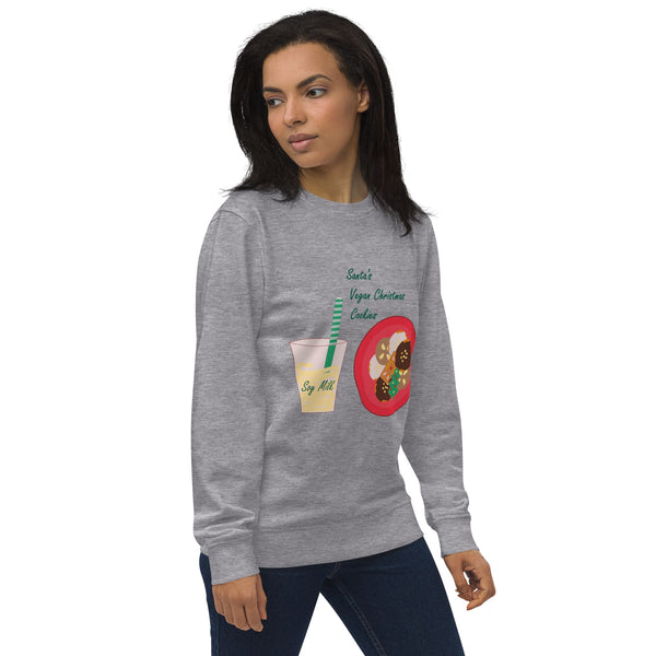 Front left angled view of a women's organic cotton Christmas sweatshirt in grey melange, showcasing the cozy fit and holiday design 'Vegan Christmas Cookies'.