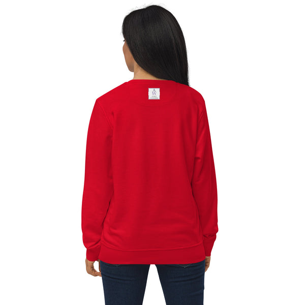 Back view of a women's organic cotton Christmas sweatshirt in red, showing the Anke Wonder logo, perfect for eco-conscious holiday style.