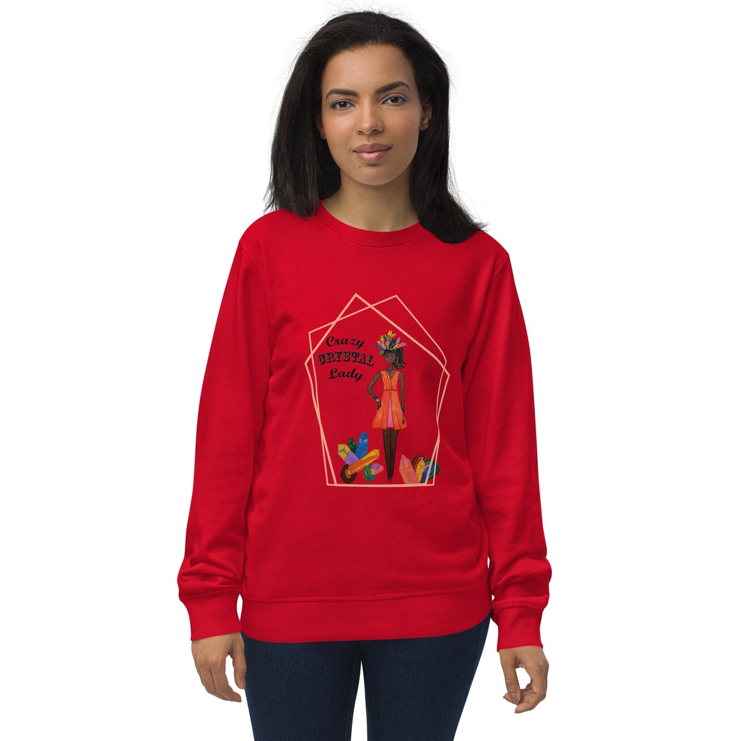 Person wearing a red sweatshirt with a graphic design  of a black woman with the words 'Crazy Crystal Lady' on a white background