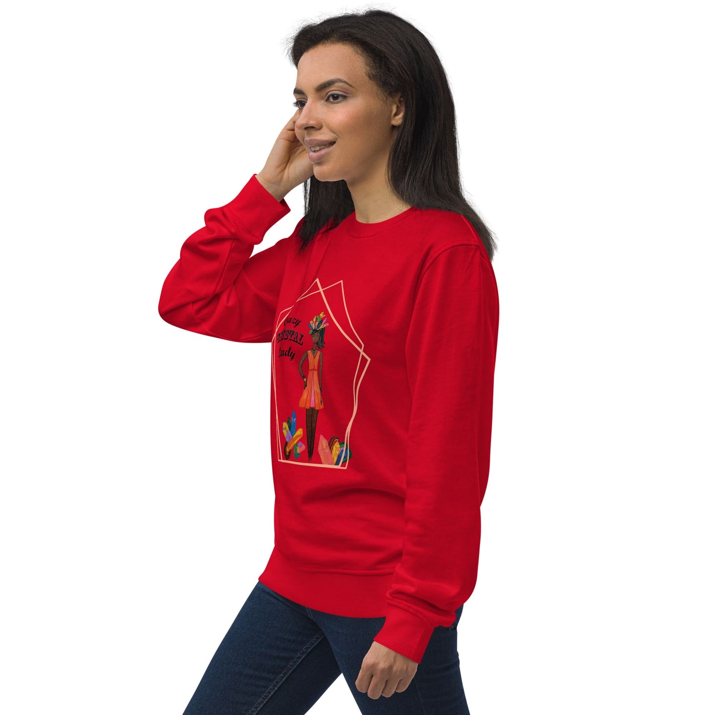 Right view of woman wearing a red sweatshirt with a colorful  design of a black woman with the words 'Crazy Crystal Lady'  on a white background
