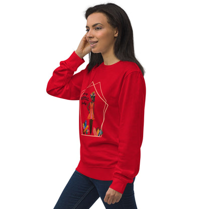 Right view of woman wearing a red sweatshirt with a colorful  design of a black woman with the words 'Crazy Crystal Lady'  on a white background