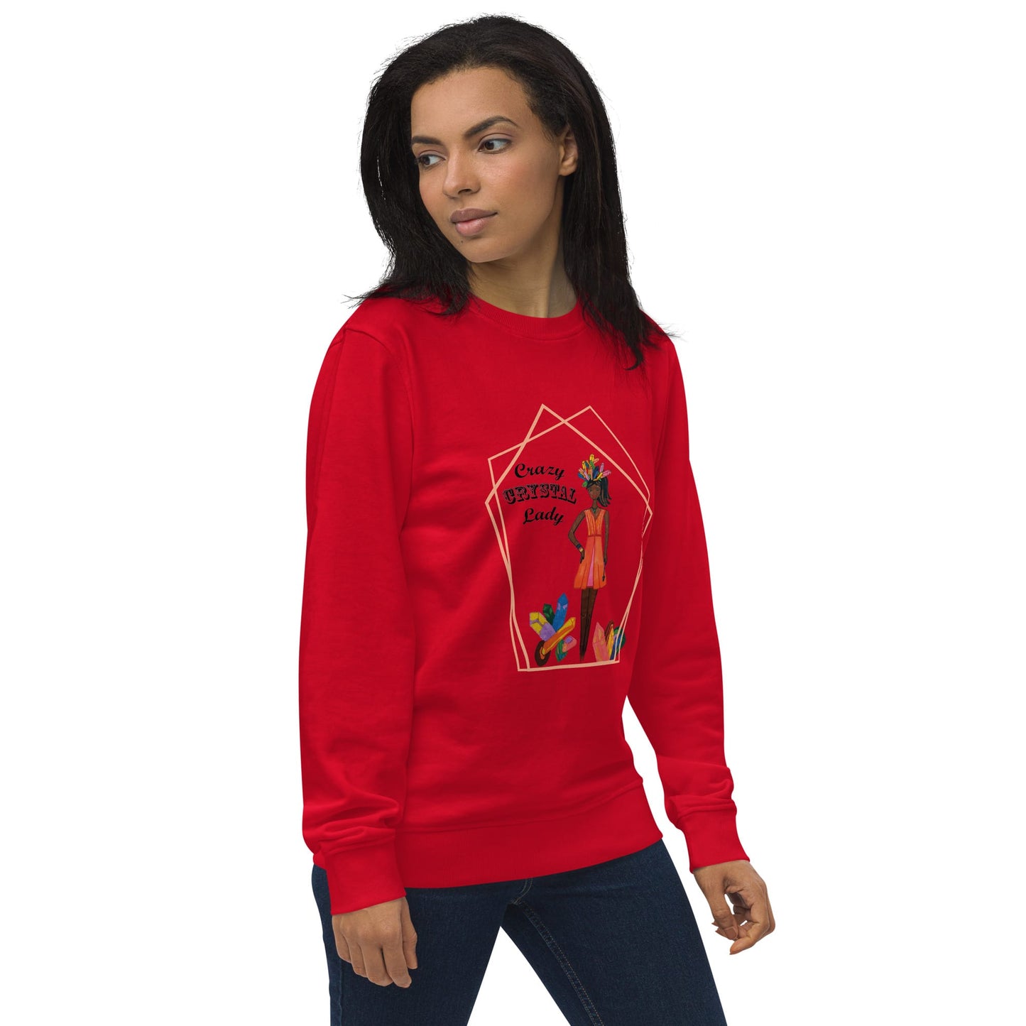 Left view of woman wearing a red sweatshirt with a  of a black woman design and the words 'Crazy Crystal Lady' on a white background
