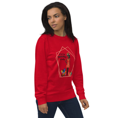 Left view of woman wearing a red sweatshirt with a  of a black woman design and the words 'Crazy Crystal Lady' on a white background