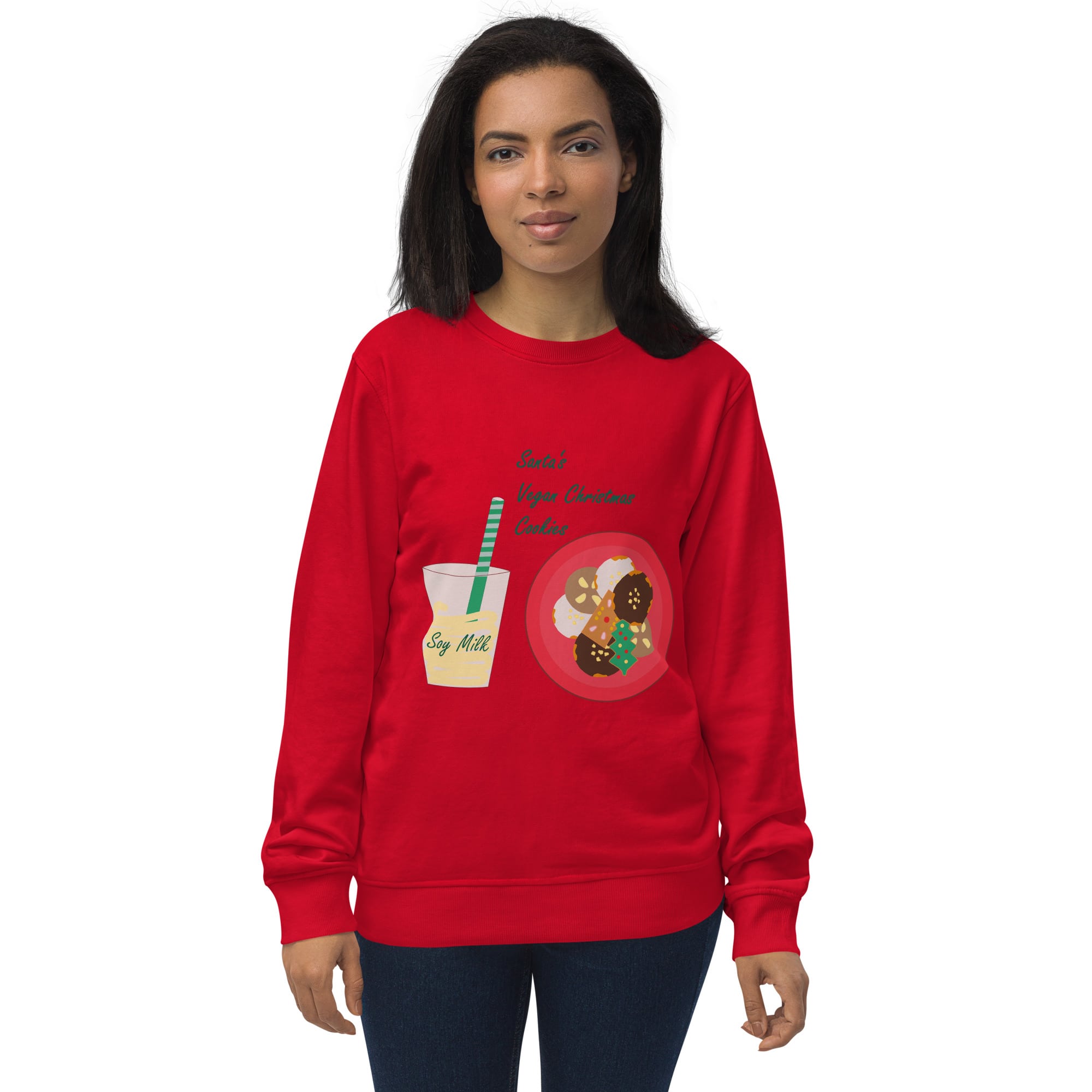 ront view of a women's organic cotton Christmas sweatshirt in red, featuring the "Santa's Vegan Christmas Cookies" illustration in festive colors.