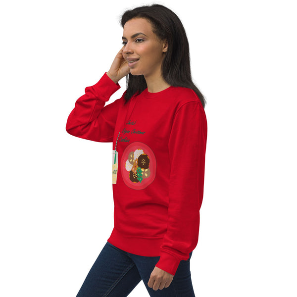 Front right angled view of a women's organic cotton Christmas sweatshirt in red, with a close-up of the "Santa's Vegan Christmas Cookies" illustration.