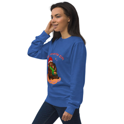 Side view of woman wearing a blue sweatshirt with a bunny design and text 'My favorite gift' on a white background