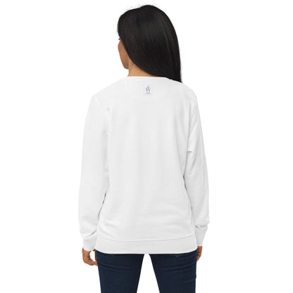 Back view of woman wearing a white sweatshirt with the Anke Wonder logo against a white background