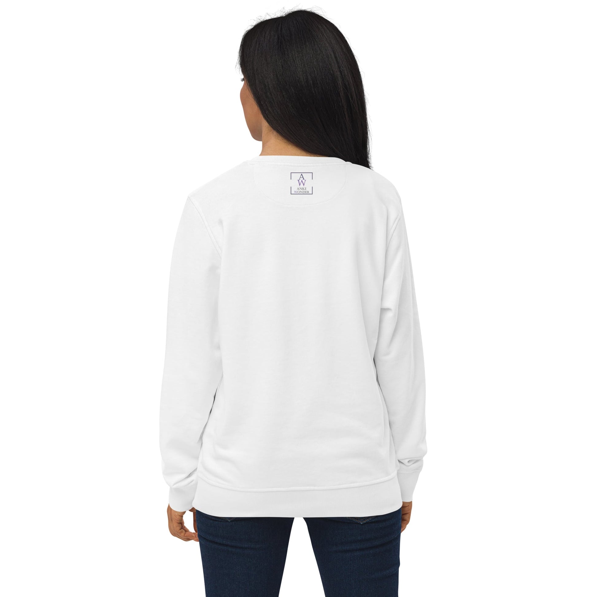 Back view of a women's organic cotton sweatshirt in white, showing the Anke Wonder logo.