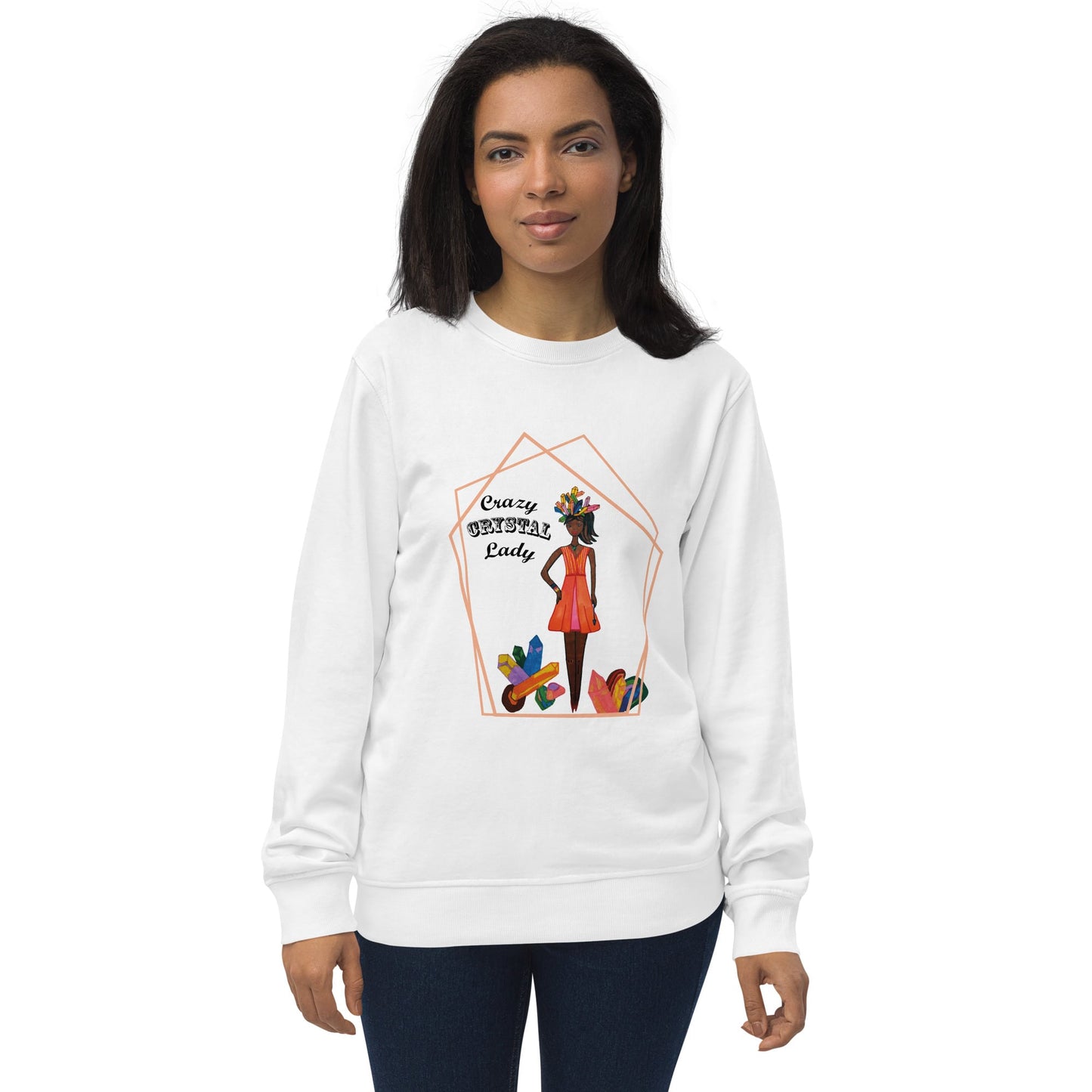 Woman wearing a white sweatshirt with a colorful graphic design and the words 'Crazy Crystal Lady' on a white background