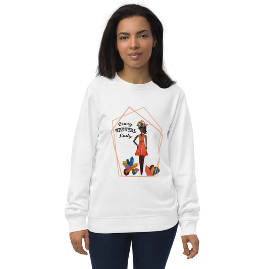 Woman wearing a white sweatshirt with a colorful graphic design and the words 'Crazy Crystal Lady' on a white background
