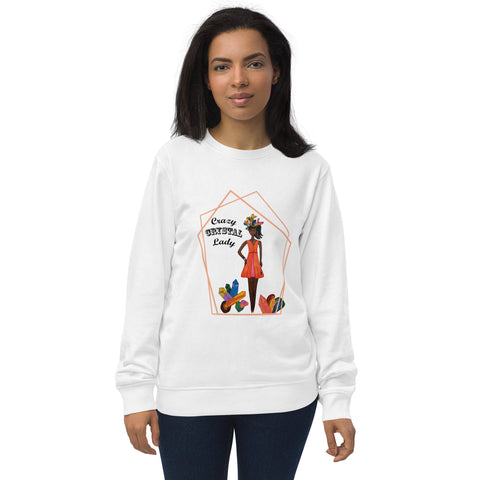 Woman wearing a white sweatshirt with a colorful graphic design and the words 'Crazy Crystal Lady' on a white background