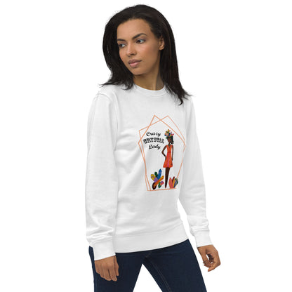 Left view of woman wearing a white sweatshirt with a colorful graphic design  of a black woman with the words 'Crazy Crystal Lady'  on a white background