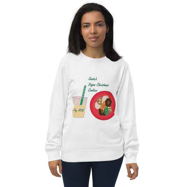 ront view of a women's organic cotton Christmas sweatshirt in white, featuring the "Santa's Vegan Christmas Cookies" illustration in festive colors.