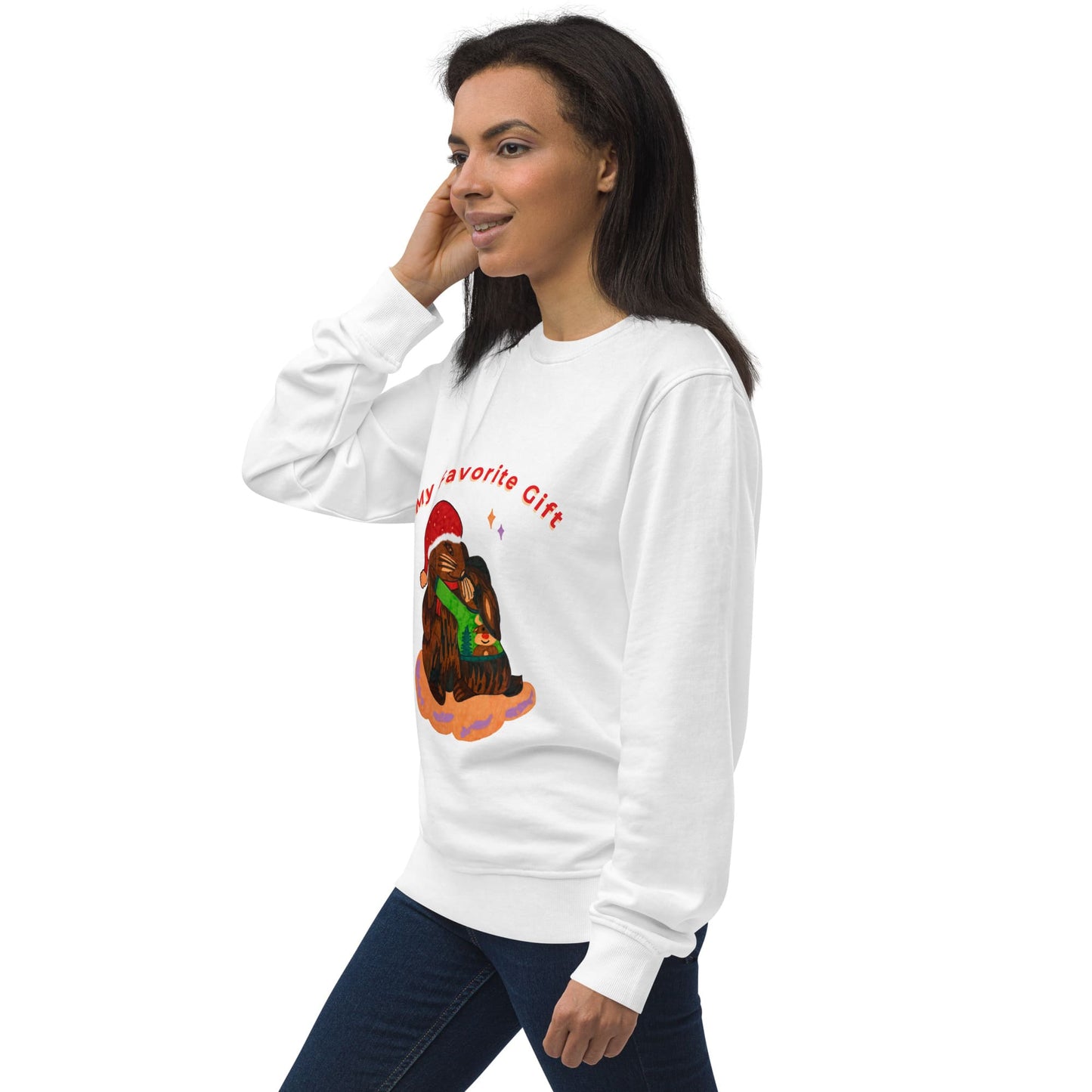 Woman wearing a white sweatshirt with a graphic design  of bunnies and christmas text on a white background