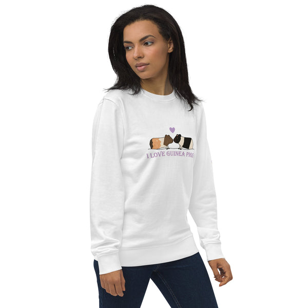 Model wearing a white sweatshirt with I love Guinea Pigs design, showing the clean design from the right side.