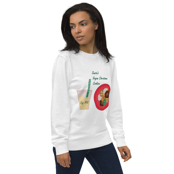 Front left angled view of a women's organic cotton Christmas sweatshirt in white, showcasing the cozy fit and holiday design 'Vegan Christmas Cookies'.